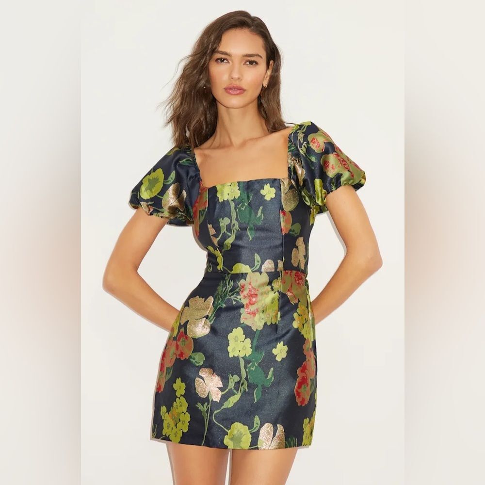 Lulus So Stunning Navy Blue Floral Jacquard Puff Sleeve Mini Dress Sz XS